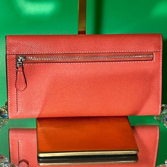 Coach Orange Pebbled Leather Women's Trifold Wallet 8” x 4.5” - Picture 3 of 14